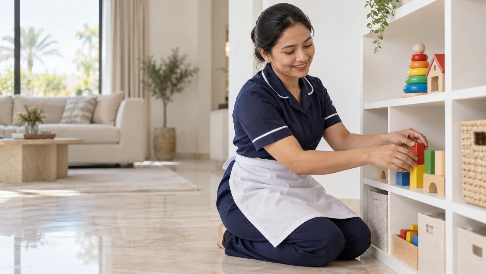 A domestic worker in work uniform